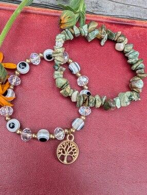 2 Bracelet Lot - Rhyolite Stone & Evil Eye Bracelet